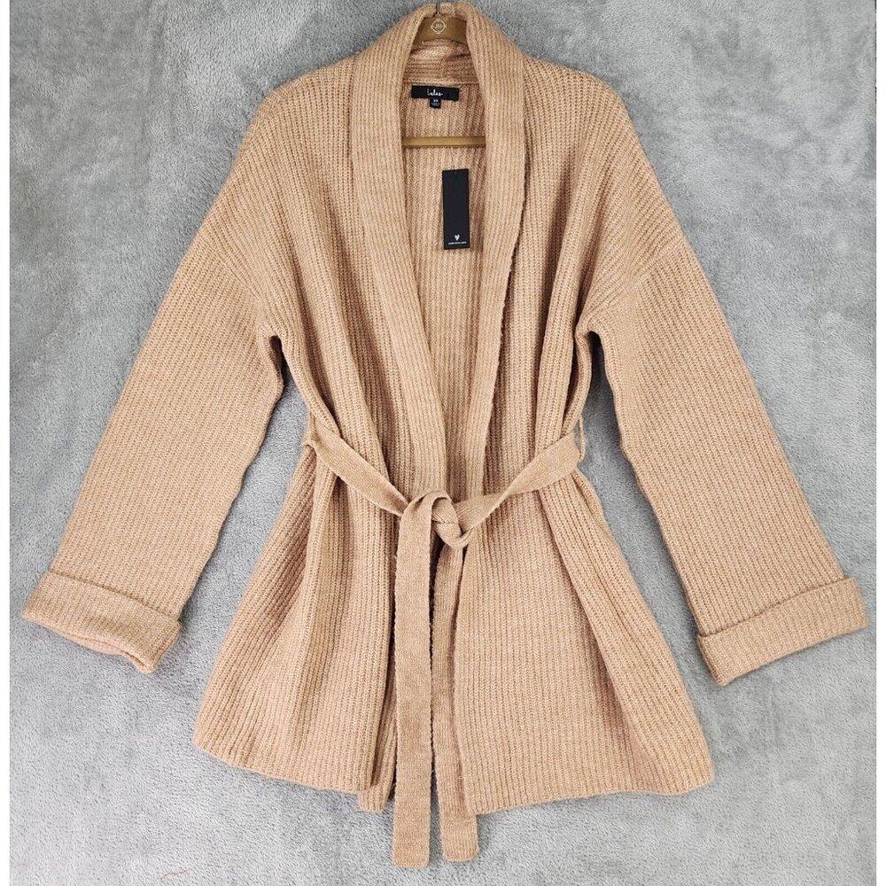 Lulus Sweater Womens Small Peach/Brown Long Sleeve Belted Open Front Cardigan